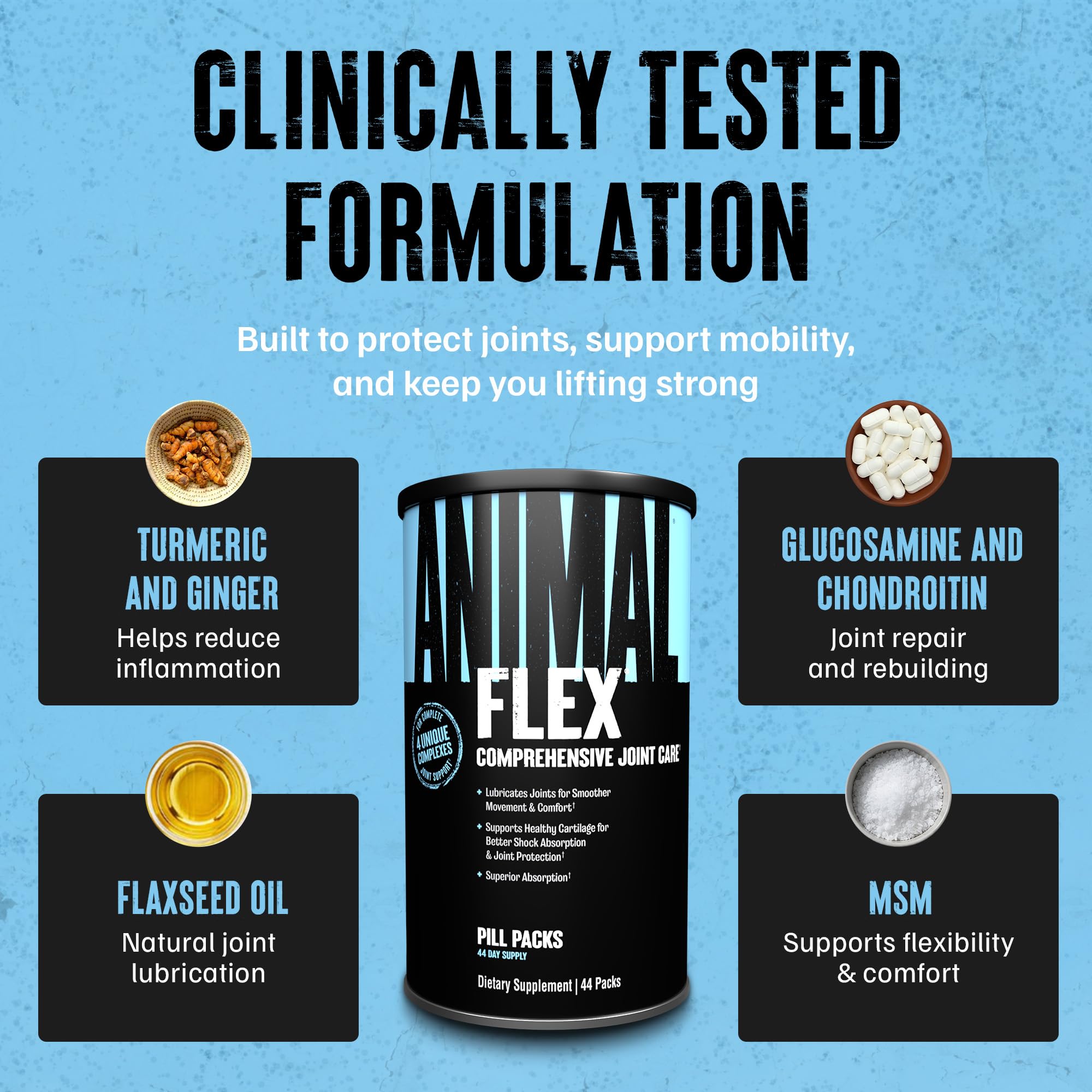 Animal Flex flaxseed oil and hyaluronic acid highlight lubrication benefits