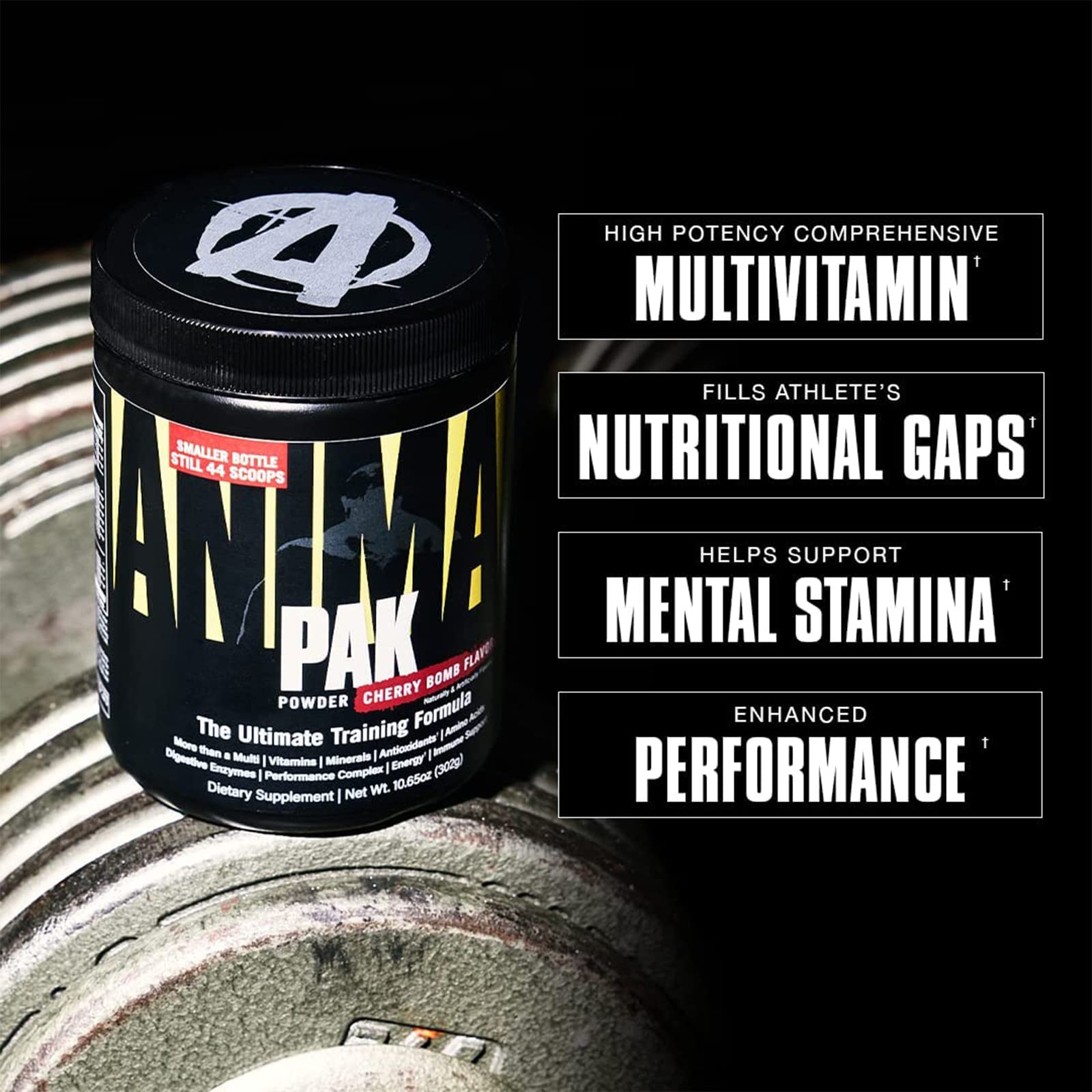 Animal Pak bottle with label highlights a 60-ingredient formula.