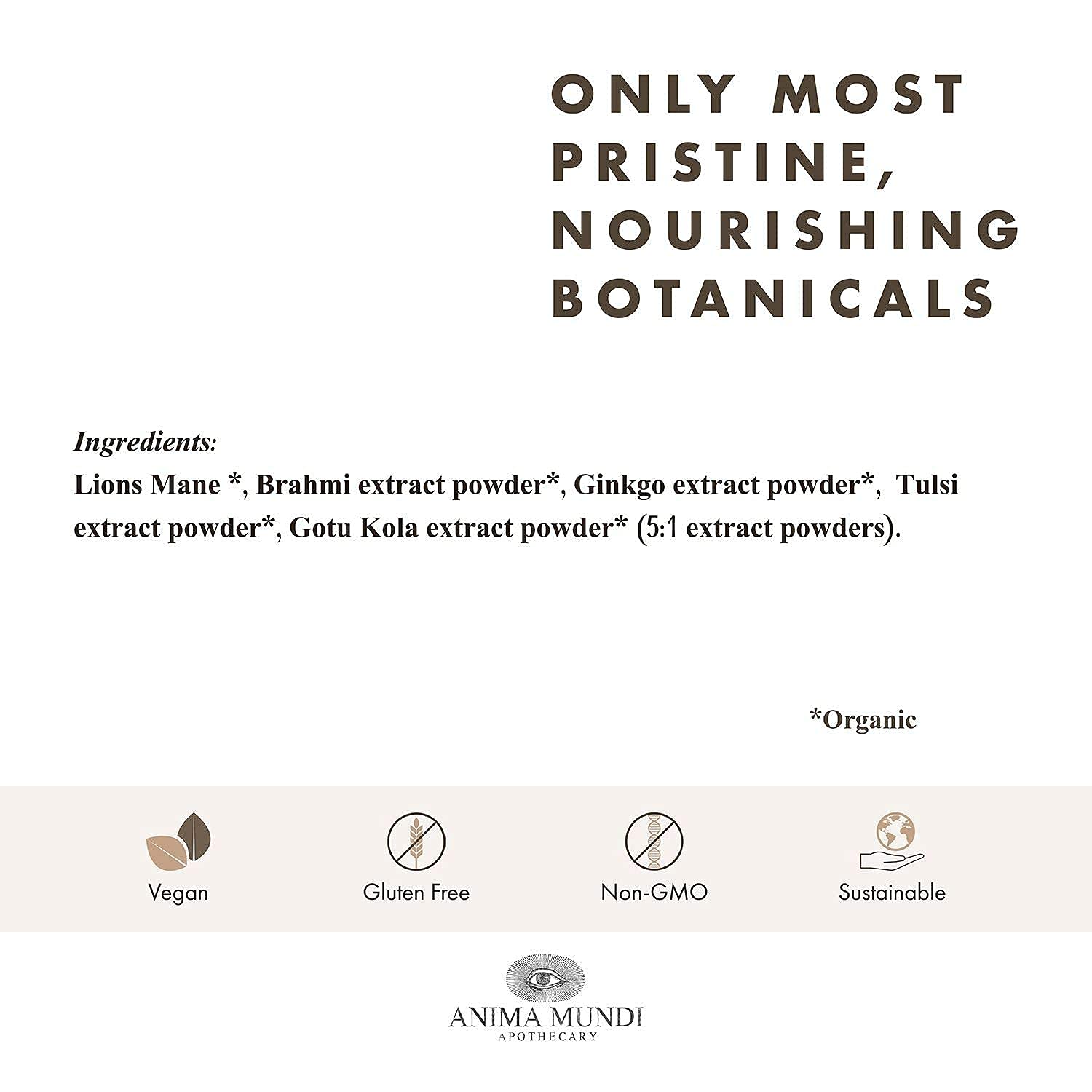 Anima Mundi Brain Tonic ingredients with Lion's Mane and Ginkgo highlighted for focus