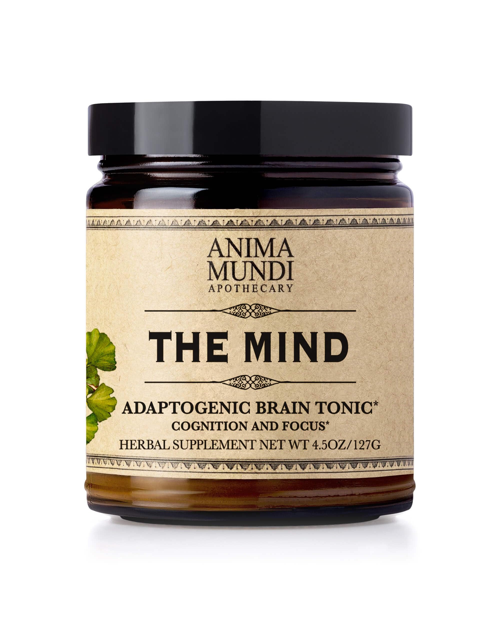 Anima Mundi Mind Energizing Brain Tonic label close-up with organic adaptogenic blend