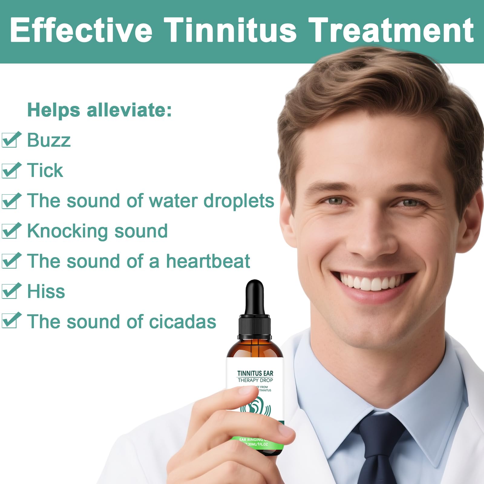 Close-up shows the dropper releasing precise tinnitus relief drops.