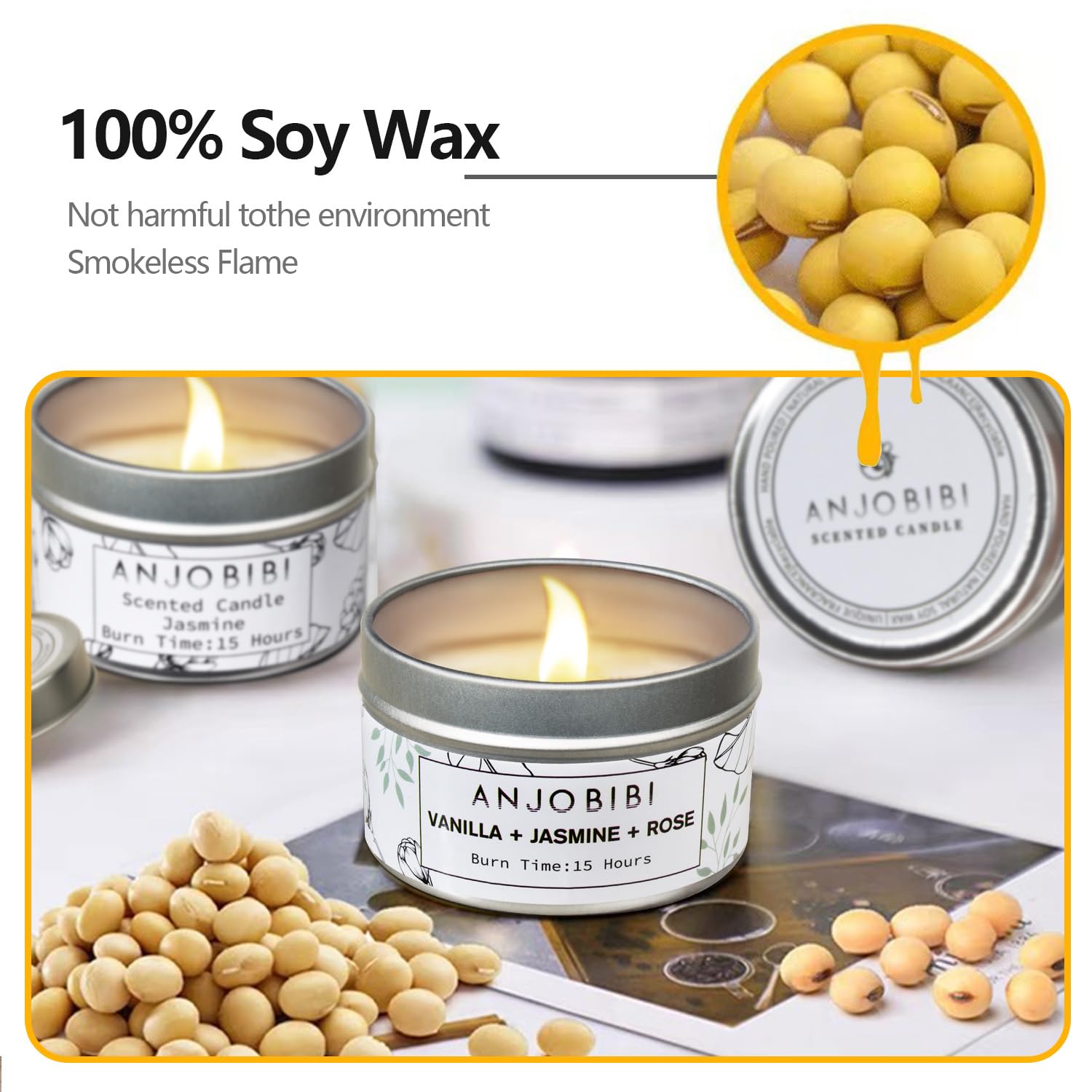 ANJOBIBI all natural soy candle with a clean burn and soft jasmine aroma