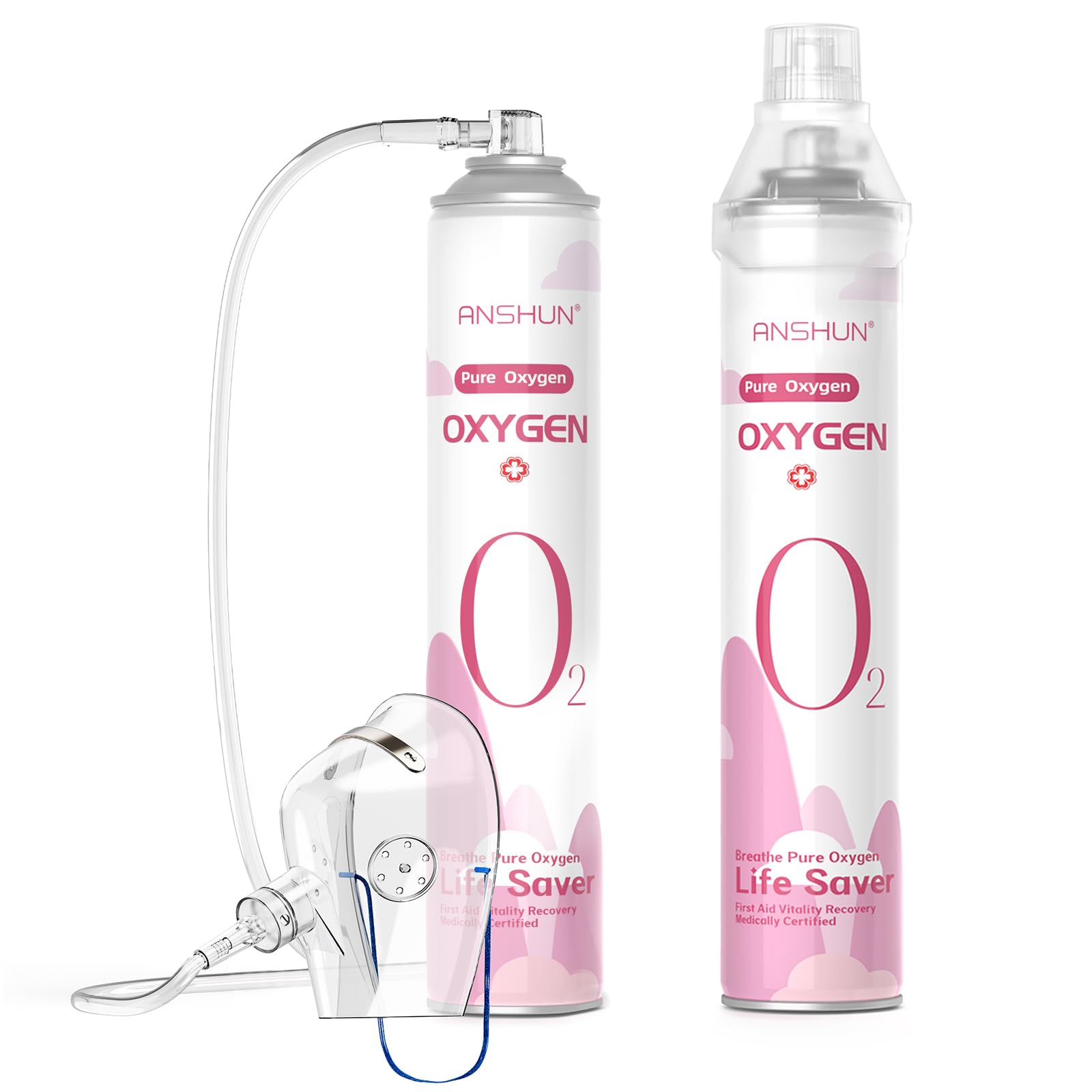 ANSHUN 10L oxygen canister packaging highlights purity and safety features.