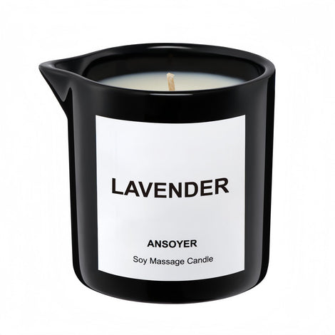 ANSOYER Lavender Massage Oil Candle bottle setup for at-home relaxation.