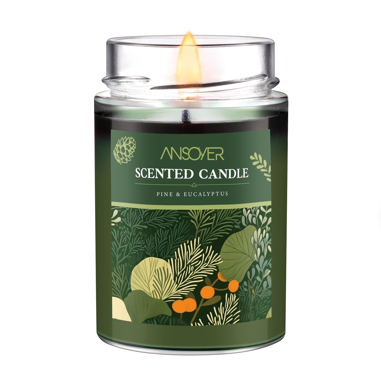 ANSOYER Pine & Eucalyptus soy candle in a glass jar for long-lasting home fragrance.