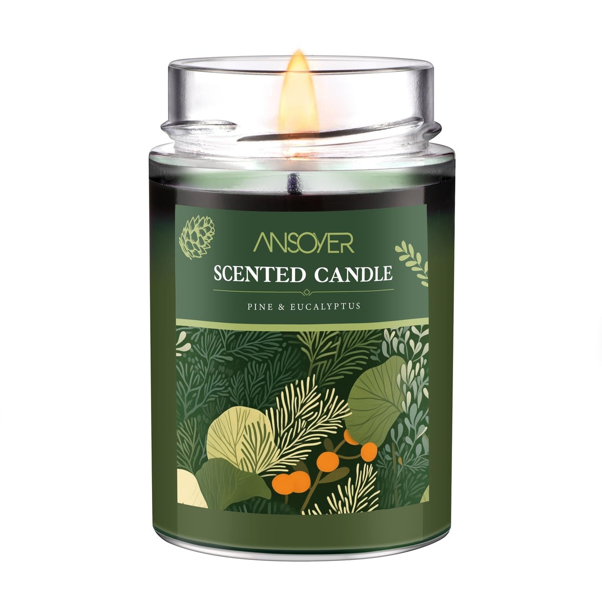 ANSOYER Pine & Eucalyptus soy candle in a glass jar for long-lasting home fragrance.