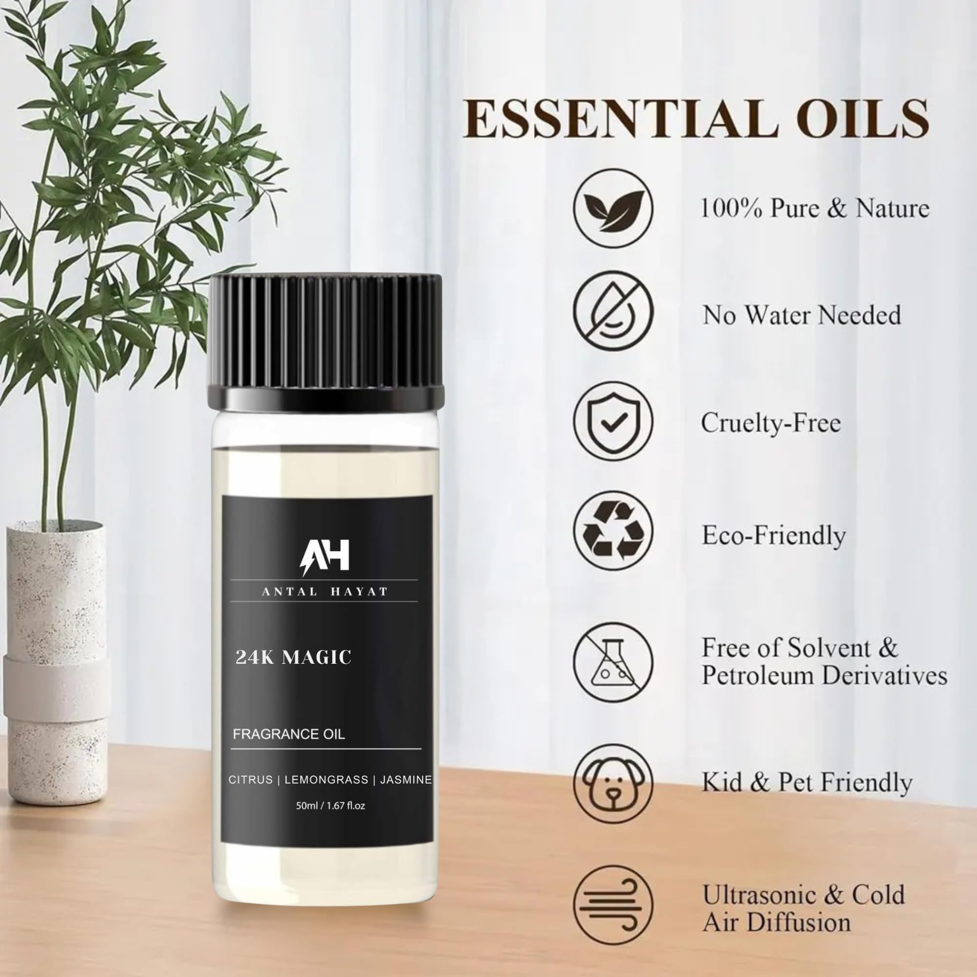ANTAL HAYAT 24K Magic Diffuser Oil citrus-lemongrass notes fill a space.