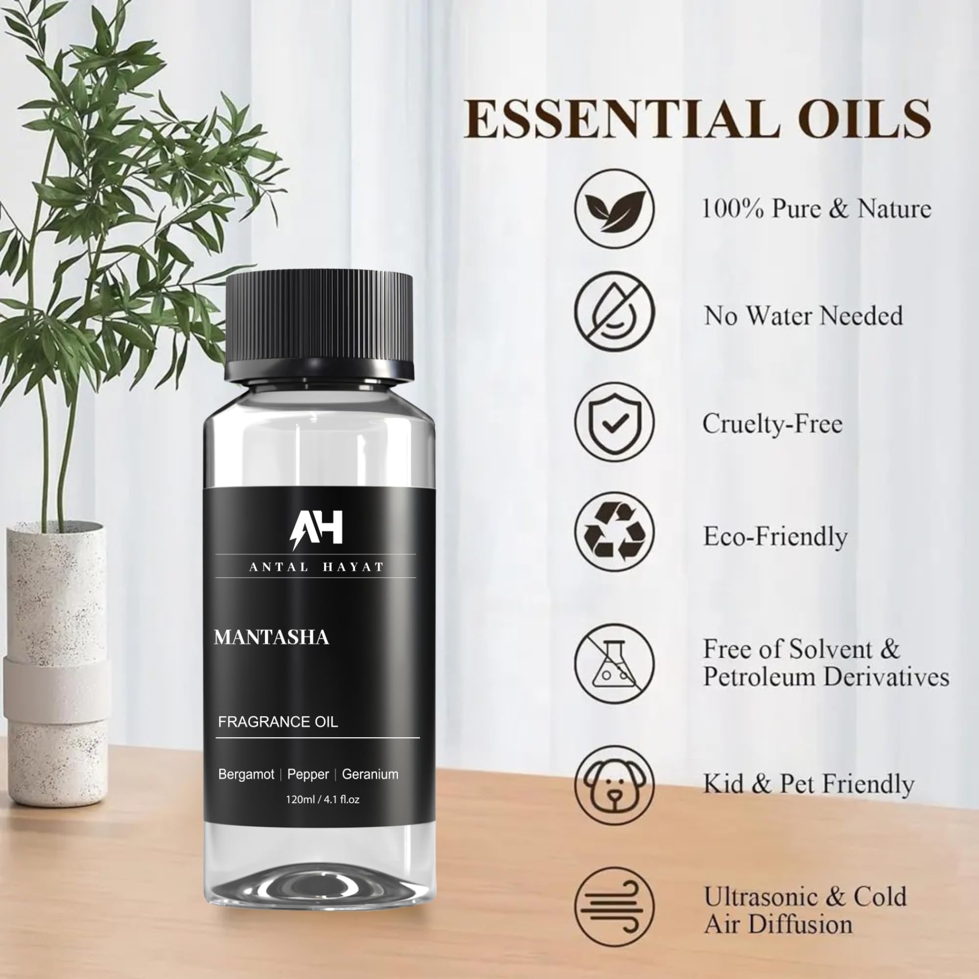Mantasha diffuser oil close-up shows bergamot and pepper notes for bold ambiance
