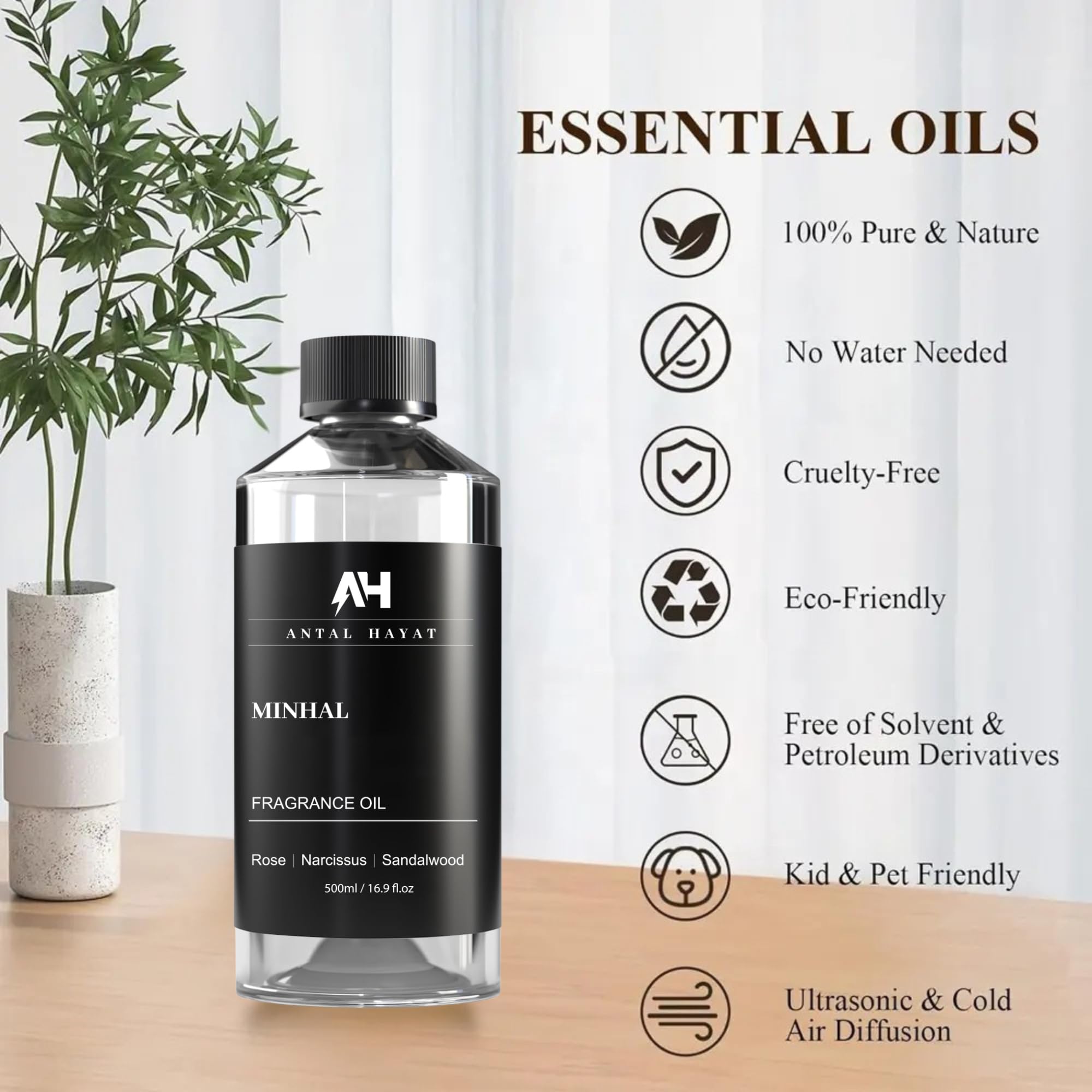 ANTAL HAYAT Minhal patchouli bottle close-up for earthy luxury ambiance.