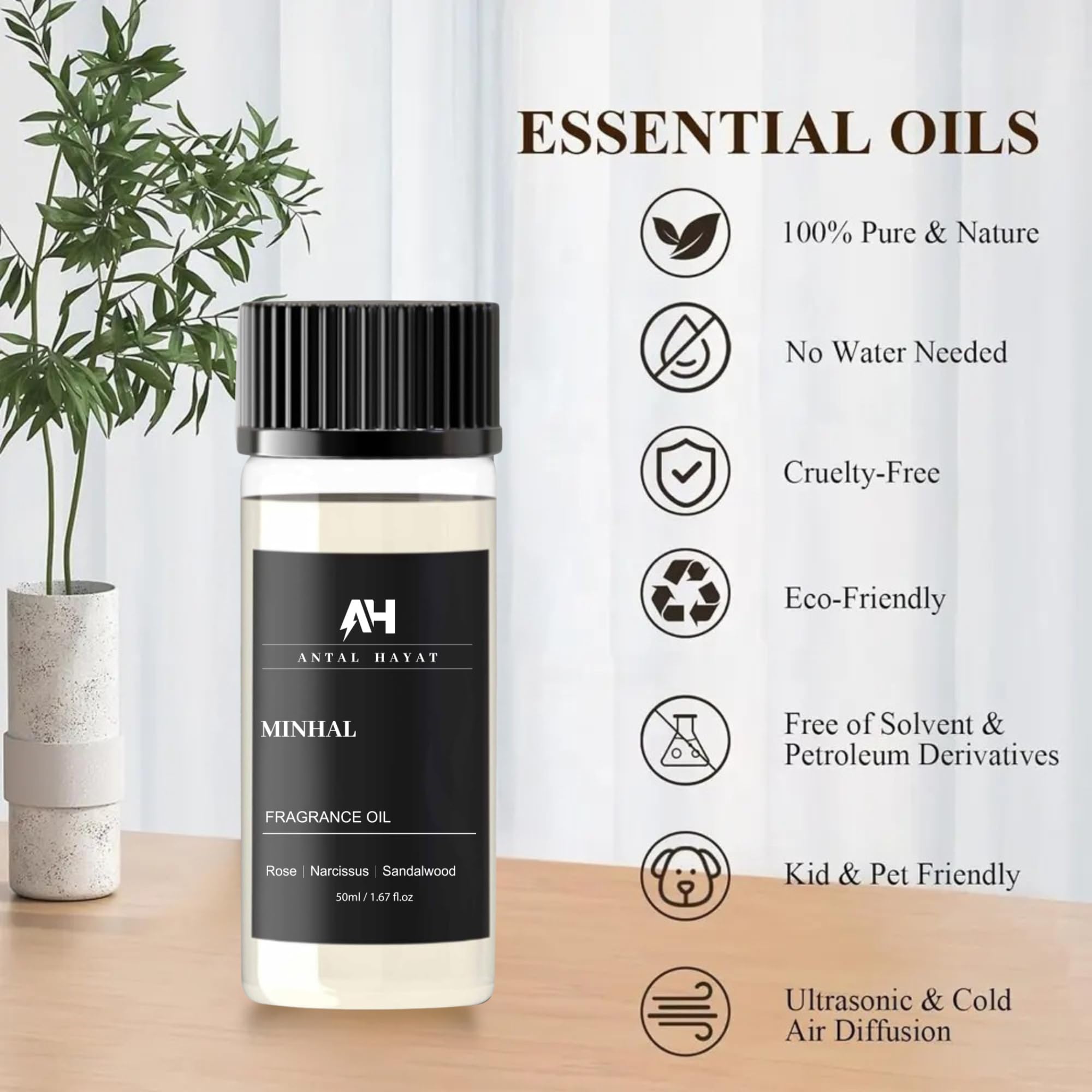 ANTAL HAYAT Minhal Iris de Nuit diffuser compatibility highlights versatility for waterless or ultrasonic use.