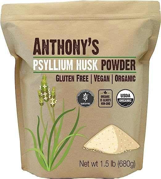 Measuring scoop beside Anthony's psyllium powder for quick daily fiber.