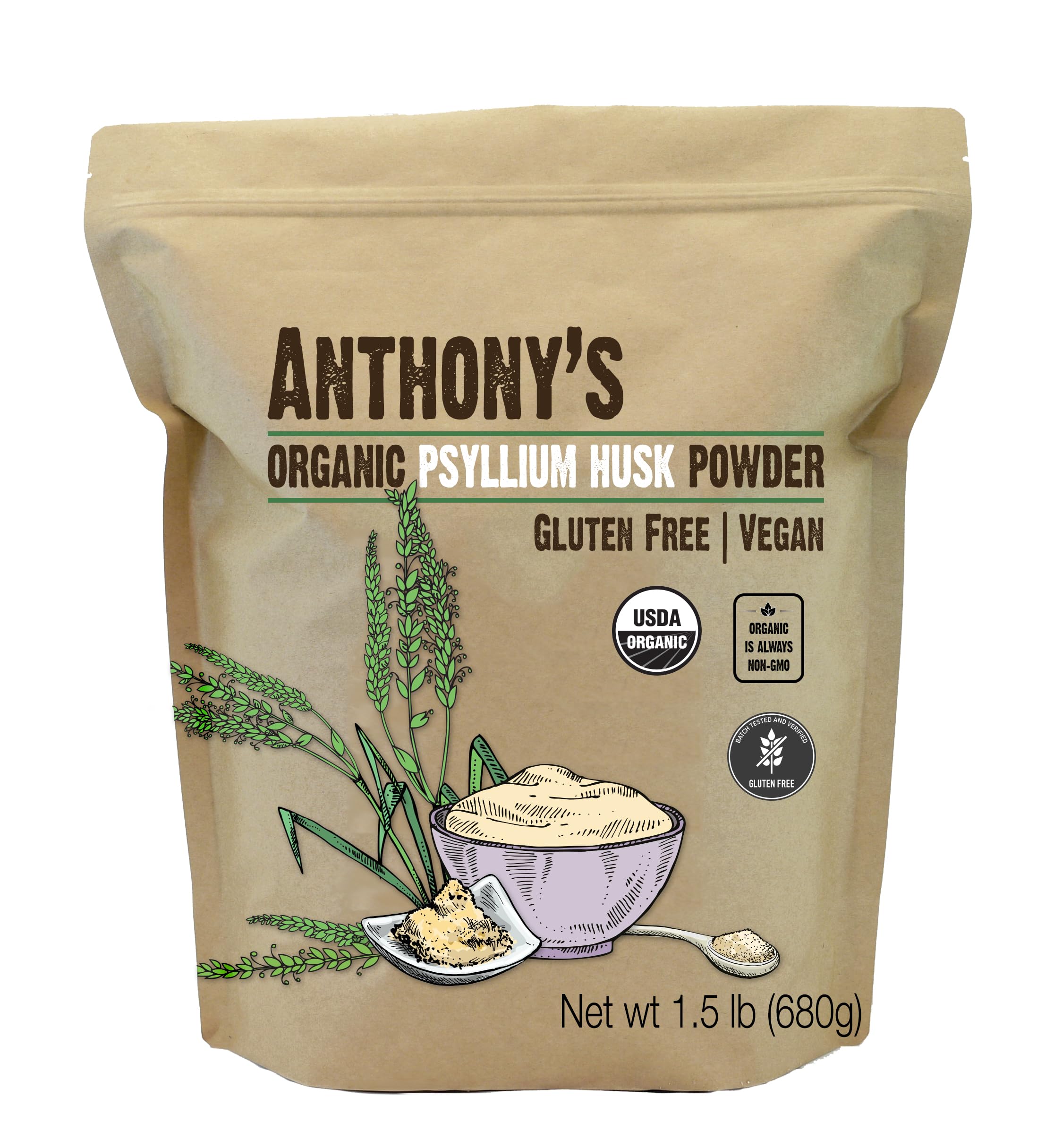 Anthony's Organic Psyllium Husk Powder packaging highlights gluten-free and keto-friendly fiber.