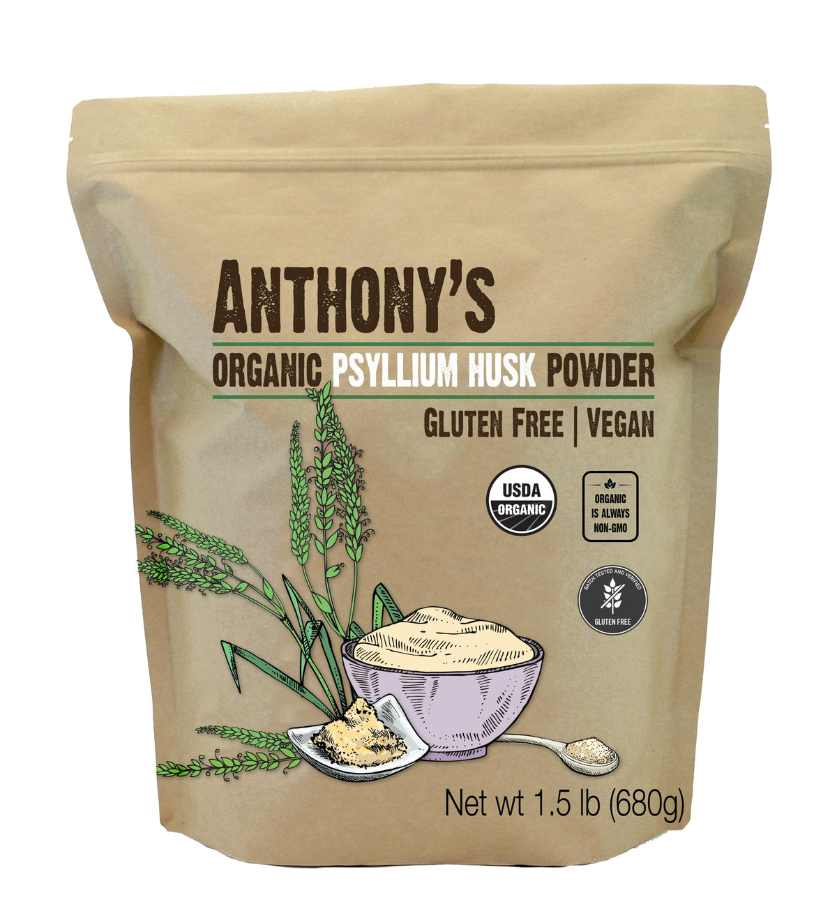 Anthony's Organic Psyllium Husk Powder packaging highlights gluten-free and keto-friendly fiber.