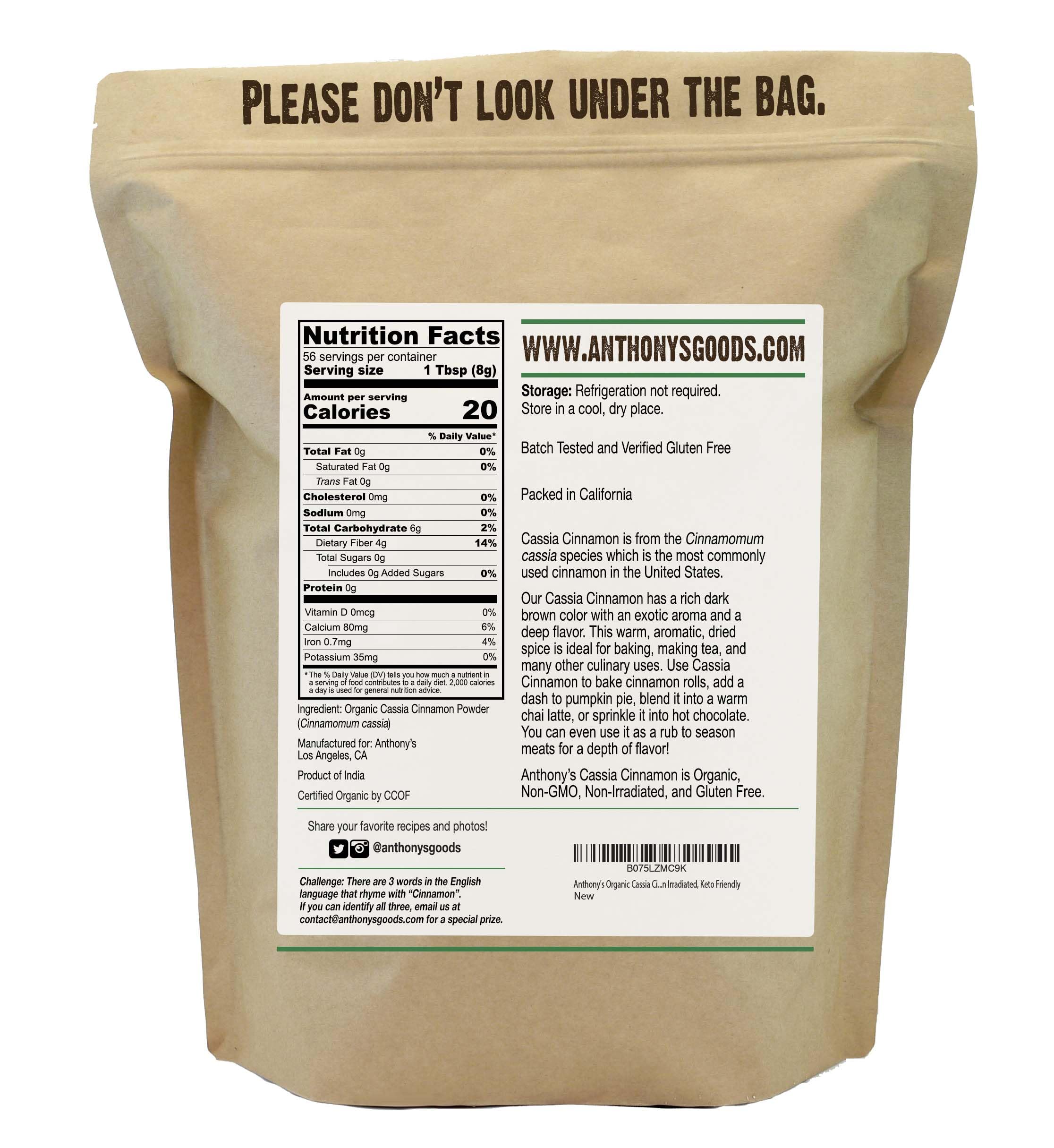Anthony's cinnamon powder label closeup showing organic and gluten-free certification.