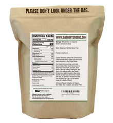 Anthony's cinnamon powder label closeup showing organic and gluten-free certification.