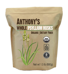 Anthony's Organic psyllium husks bottle for convenient daily dietary fiber.