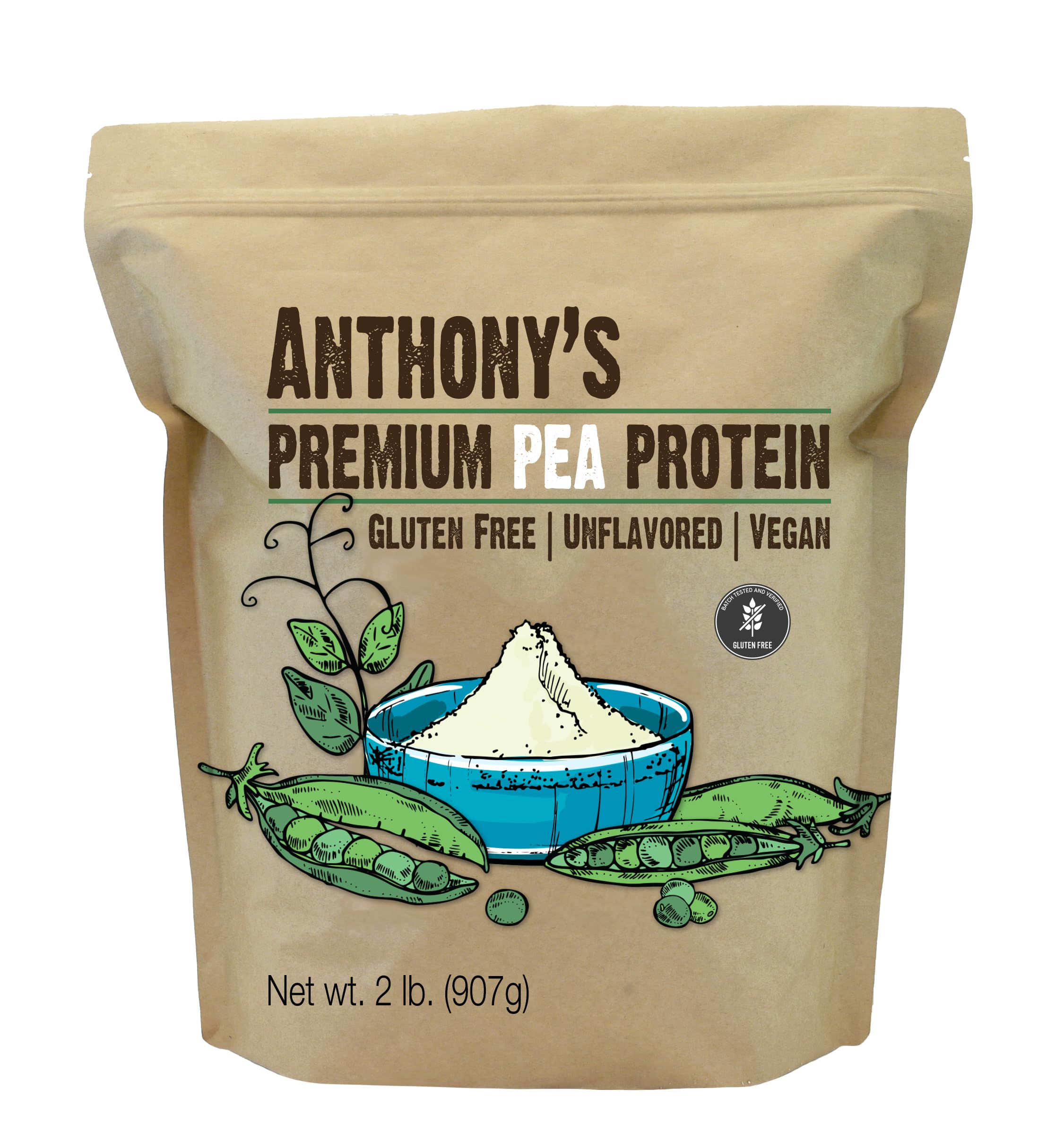 Anthony's Premium Pea Protein bag closeup, gluten-free and plant-based.