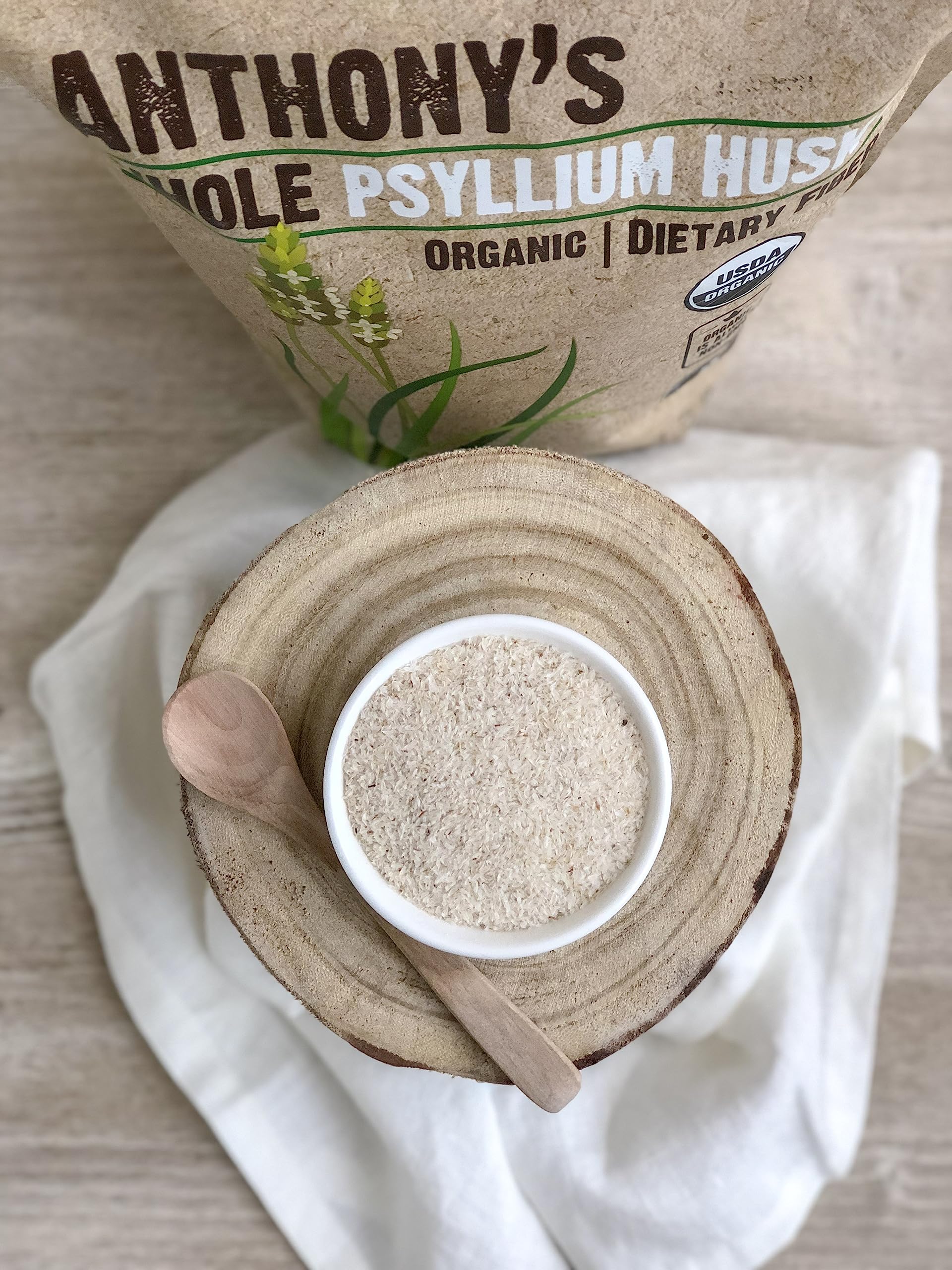 Anthony's psyllium husks product label shows USDA Organic certification.