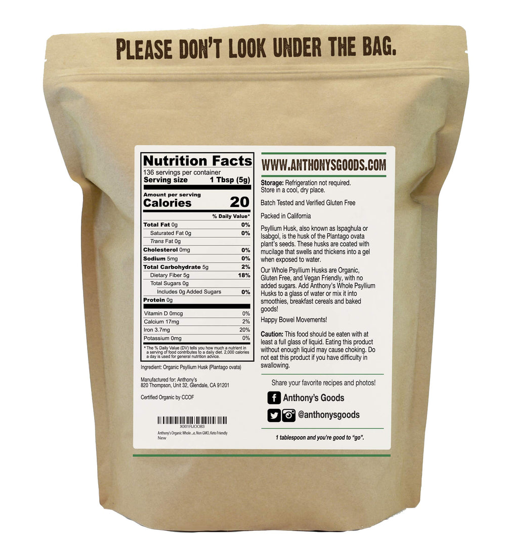 Anthony's psyllium husks scoop included for easy measuring and mixing.