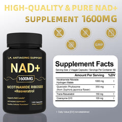 ANT IAGING SUPPORT NAD Resveratrol blend capsules for antioxidant support.
