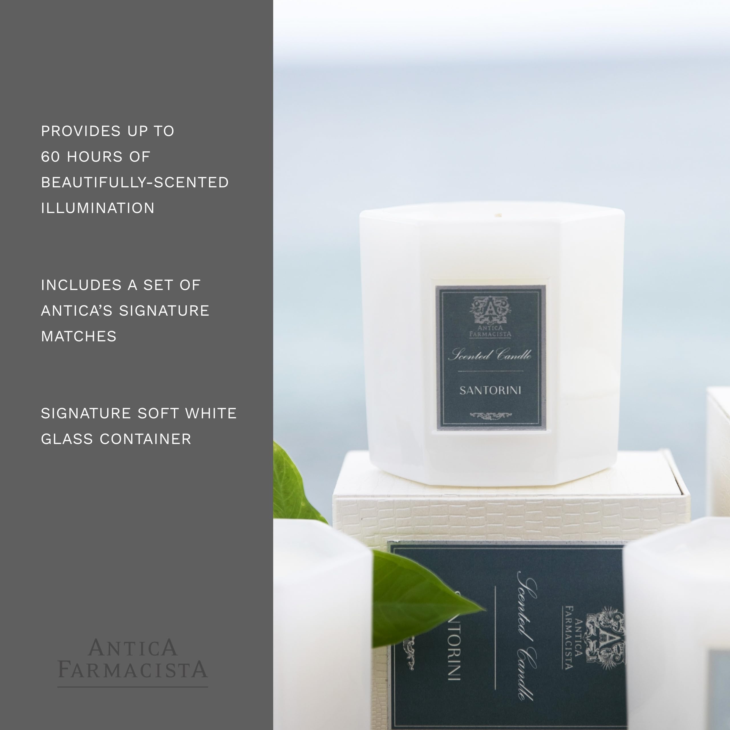 Antica Farmacista Santorini candle packaging with pearlescent texture