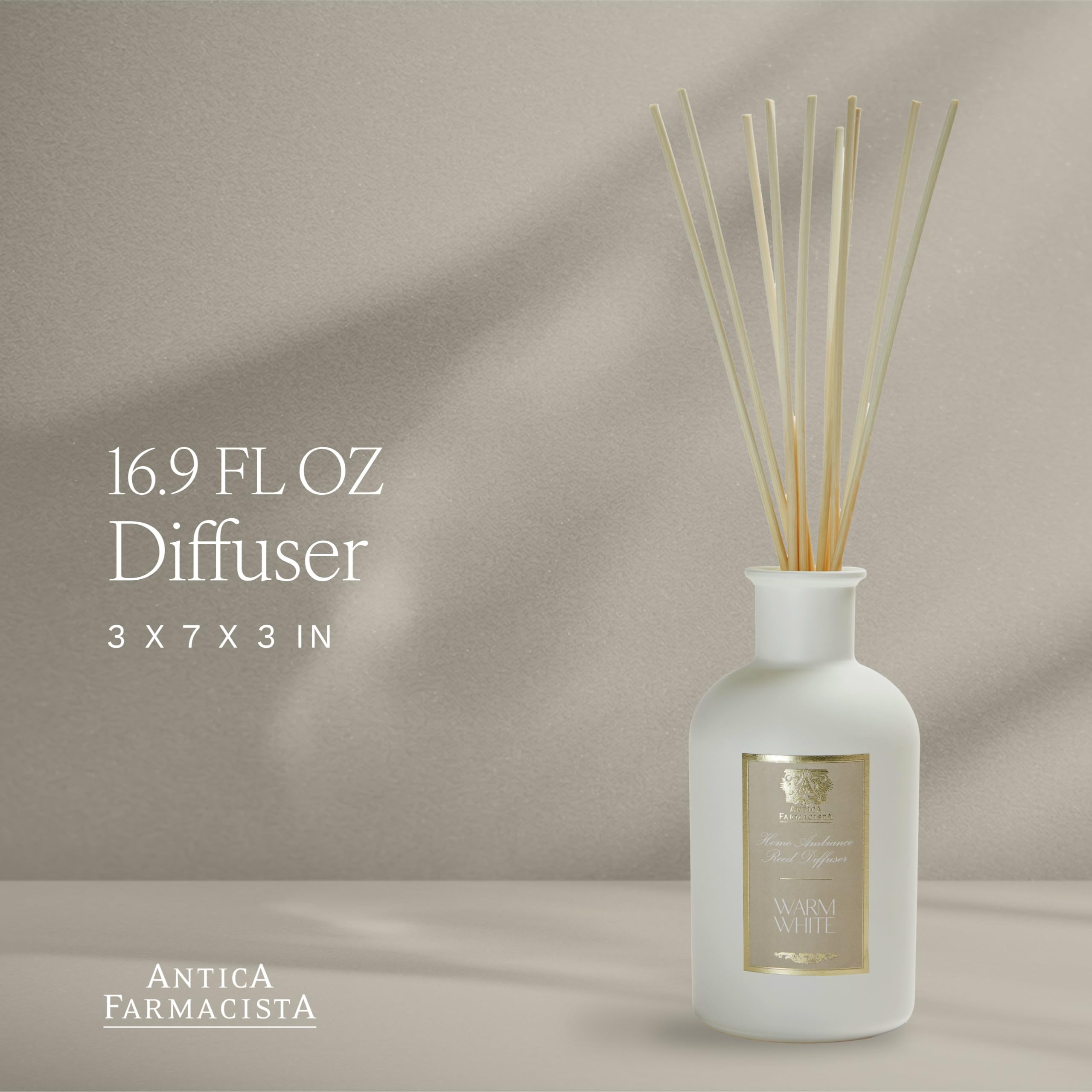 Close-up of Antica Farmacista reed diffuser reeds and bottle for a luxurious setup