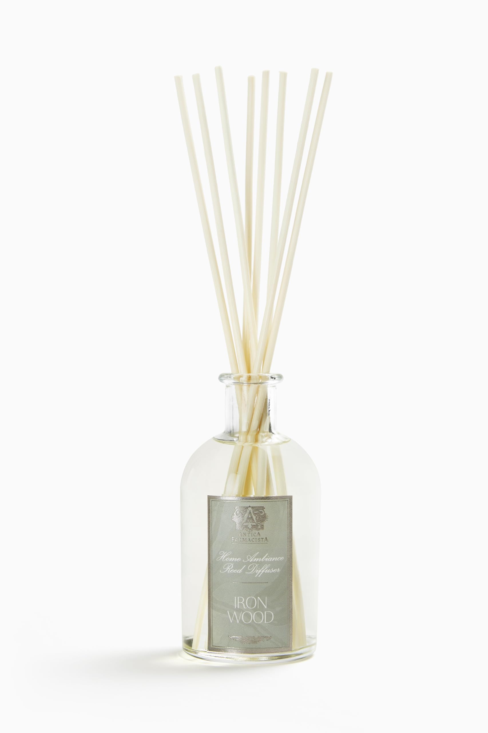 Antica Farmacista Ironwood diffuser bottle adds elegant design and long-lasting fragrance to spaces.