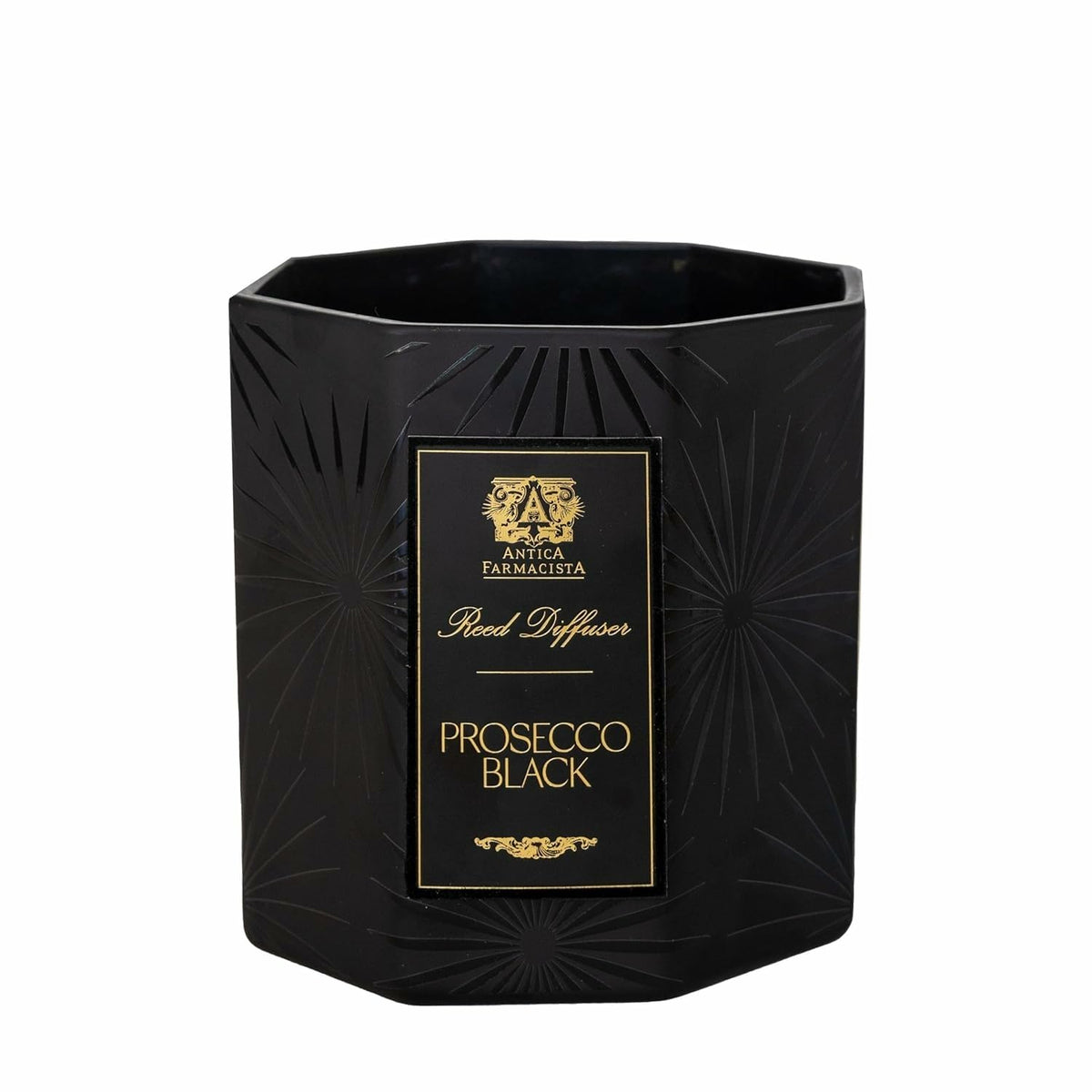Antica Farmacista Prosecco Black candle in glass creates a sparkling, inviting ambiance.