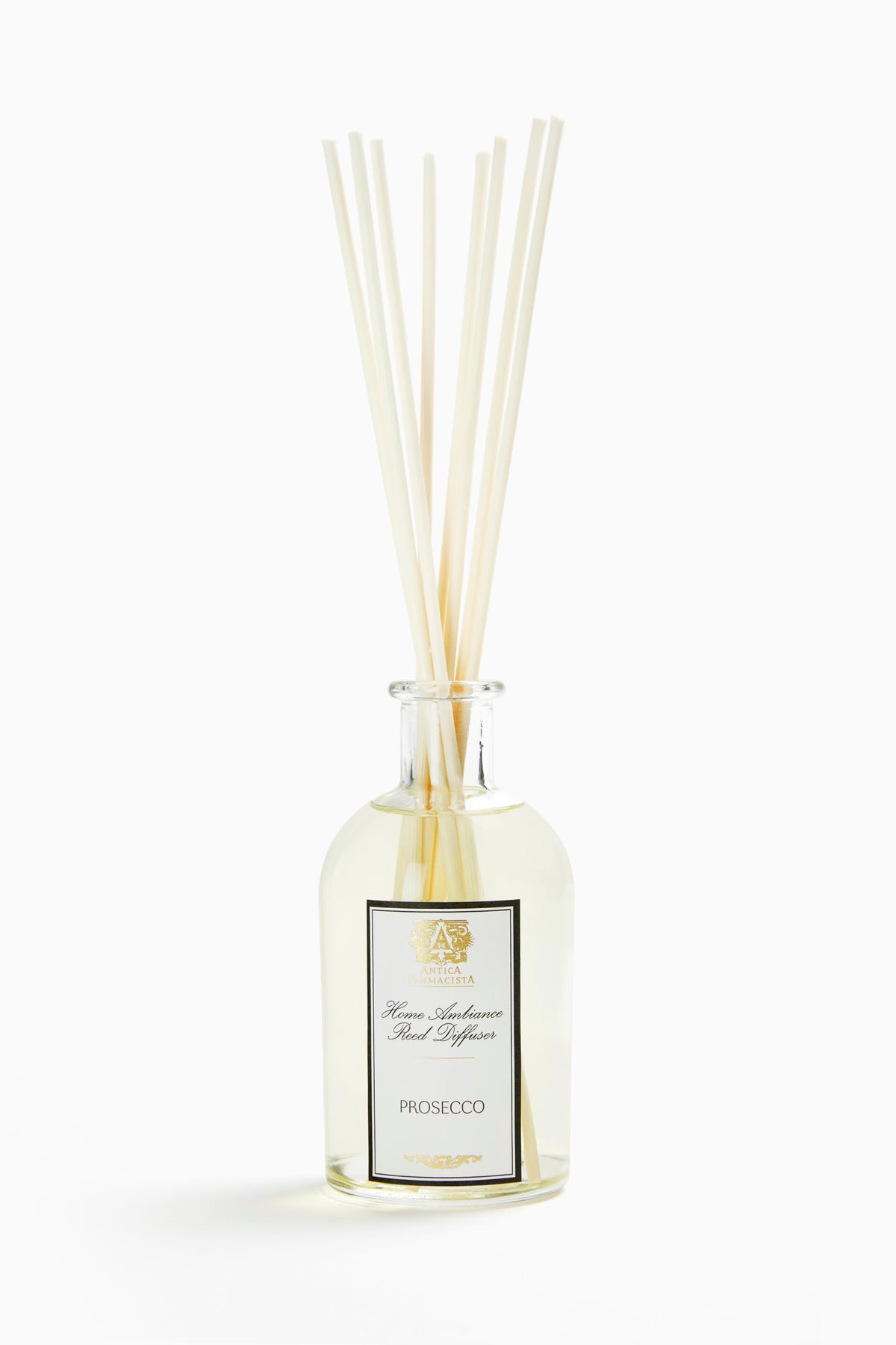 Antica Farmacista Prosecco diffuser bottle with long-lasting citrus-floral notes for a welcoming home.