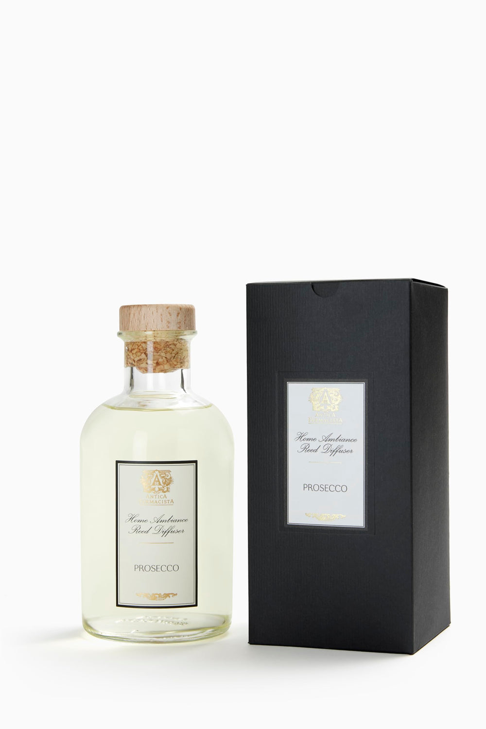 Antica Farmacista Prosecco reed diffuser with sleek crystals enhancing refined room ambiance.