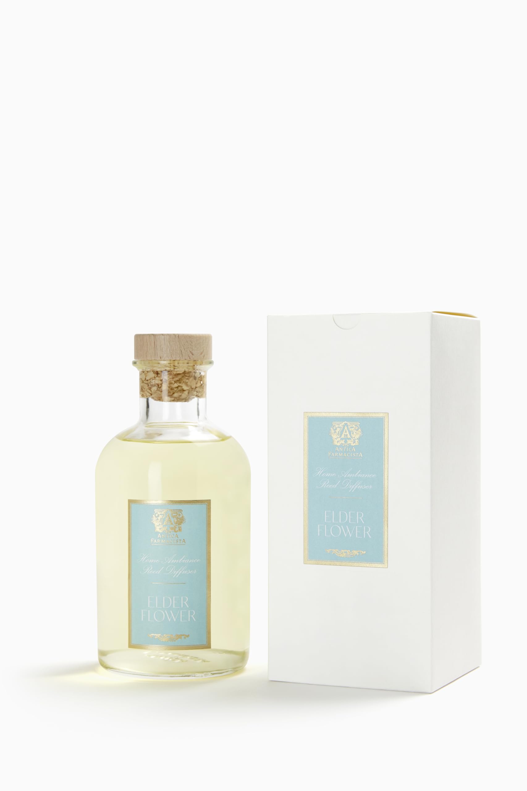 Antica Farmacista reed diffuser reeds closeup delivering sustained elderflower aroma for refined interiors.