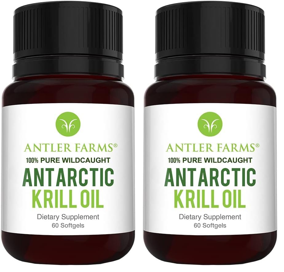 Antler Farms Antarctic Krill Oil bottle front showing pure wild-caught formula for daily wellness.