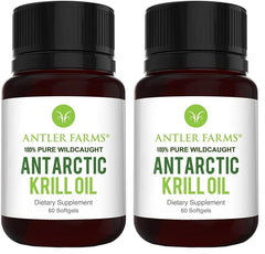 Antler Farms Antarctic Krill Oil bottle front showing pure wild-caught formula for daily wellness.