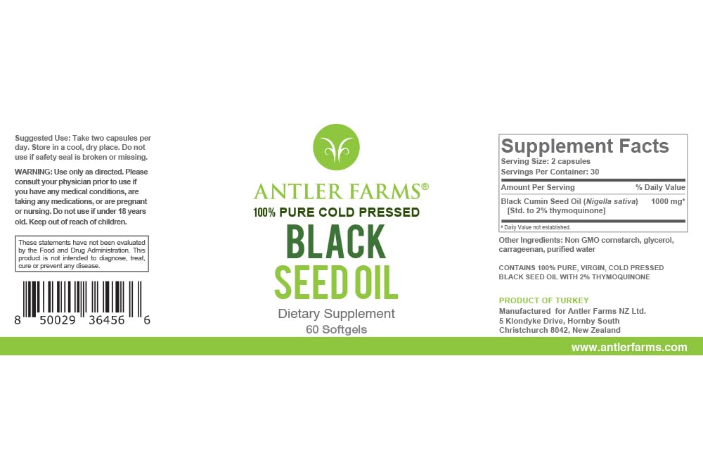 Antler Farms Black Seed Oil label detail with 2% thymoquinone.