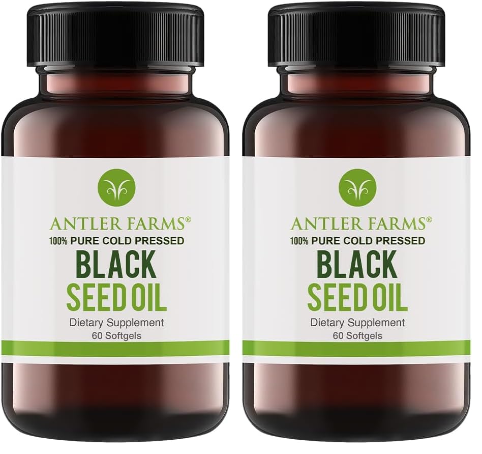 Antler Farms Black Seed Oil softgel bottle front view shows purity and potency.