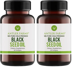 Antler Farms Black Seed Oil softgel bottle front view shows purity and potency.