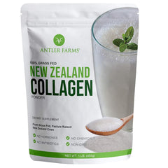 Antler Farms collagen powder in a 1lb jar highlighting grass-fed NZ sourcing for purity.