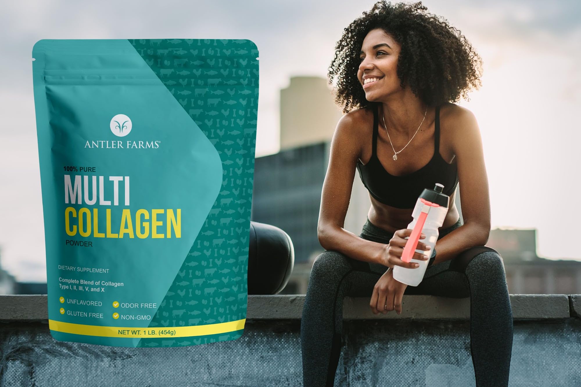 Antler Farms Collagen Powder nutrition facts label, hydrolyzed peptides for quick absorption.