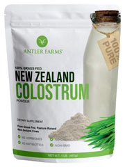 Antler Farms colostrum bottle front showing clean sourcing and grass-fed origin.