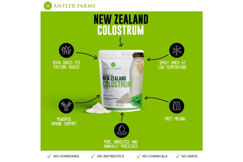 Antler Farms colostrum packaging close-up shows undiluted quality.