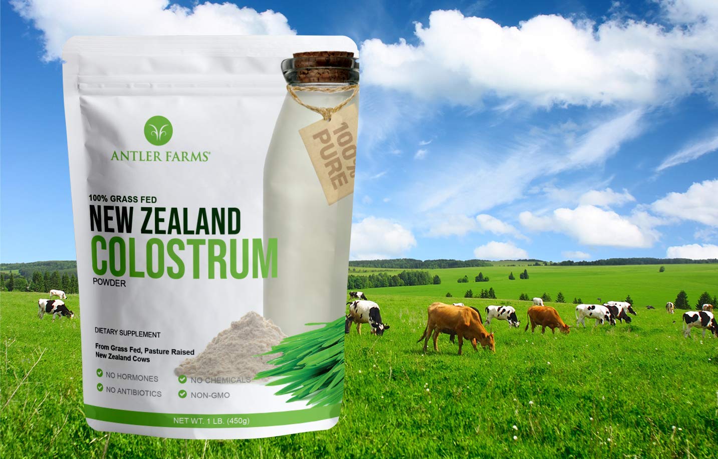 Antler Farms colostrum packaging outdoor scene reinforces clean sourcing.