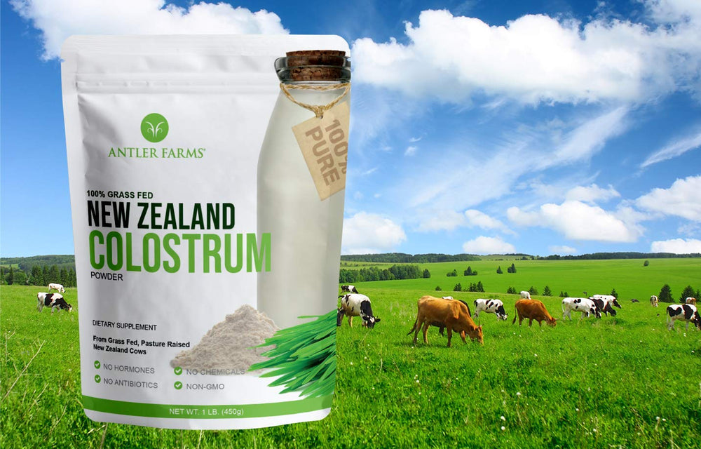 Antler Farms colostrum packaging outdoor scene reinforces clean sourcing.