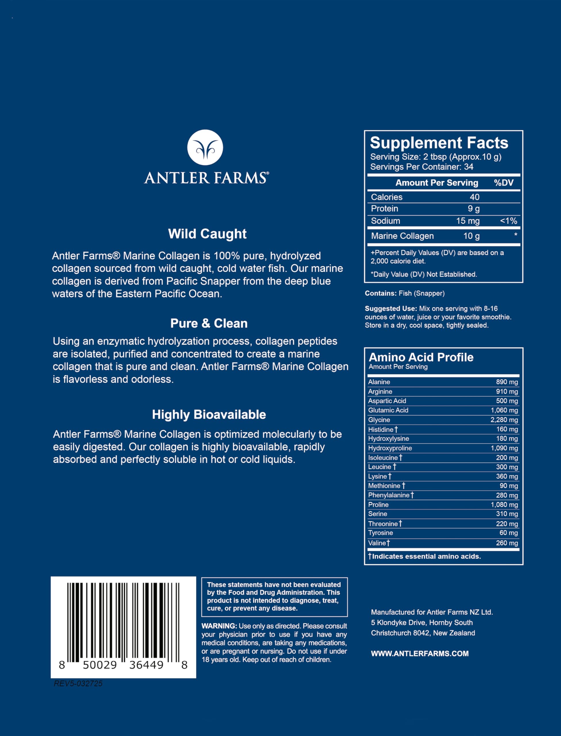 Antler Farms Marine Collagen bottle back-label, wild-caught source for everyday vitality