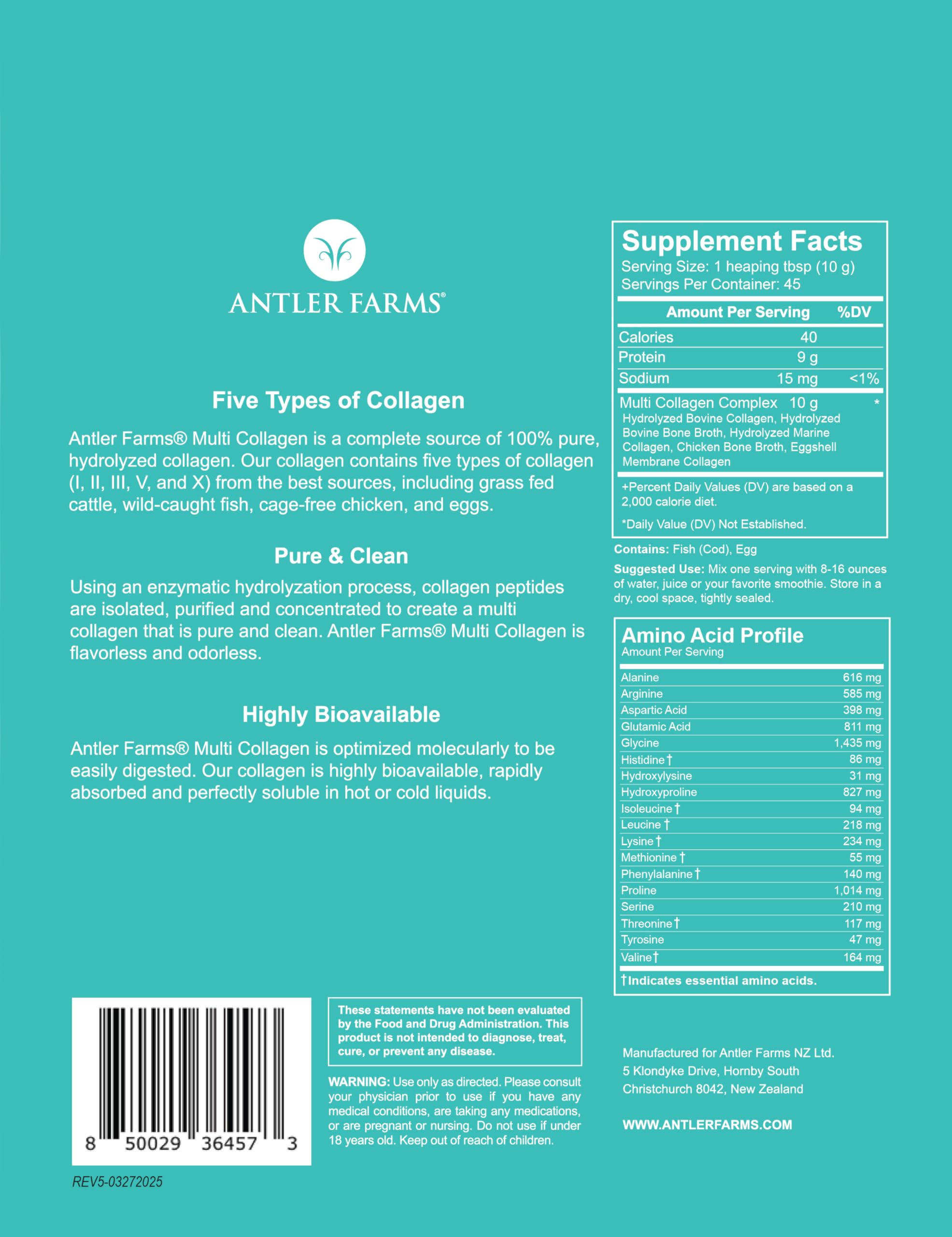 Antler Farms Multi Collagen Powder bottle back label listing five collagen types for balanced support.