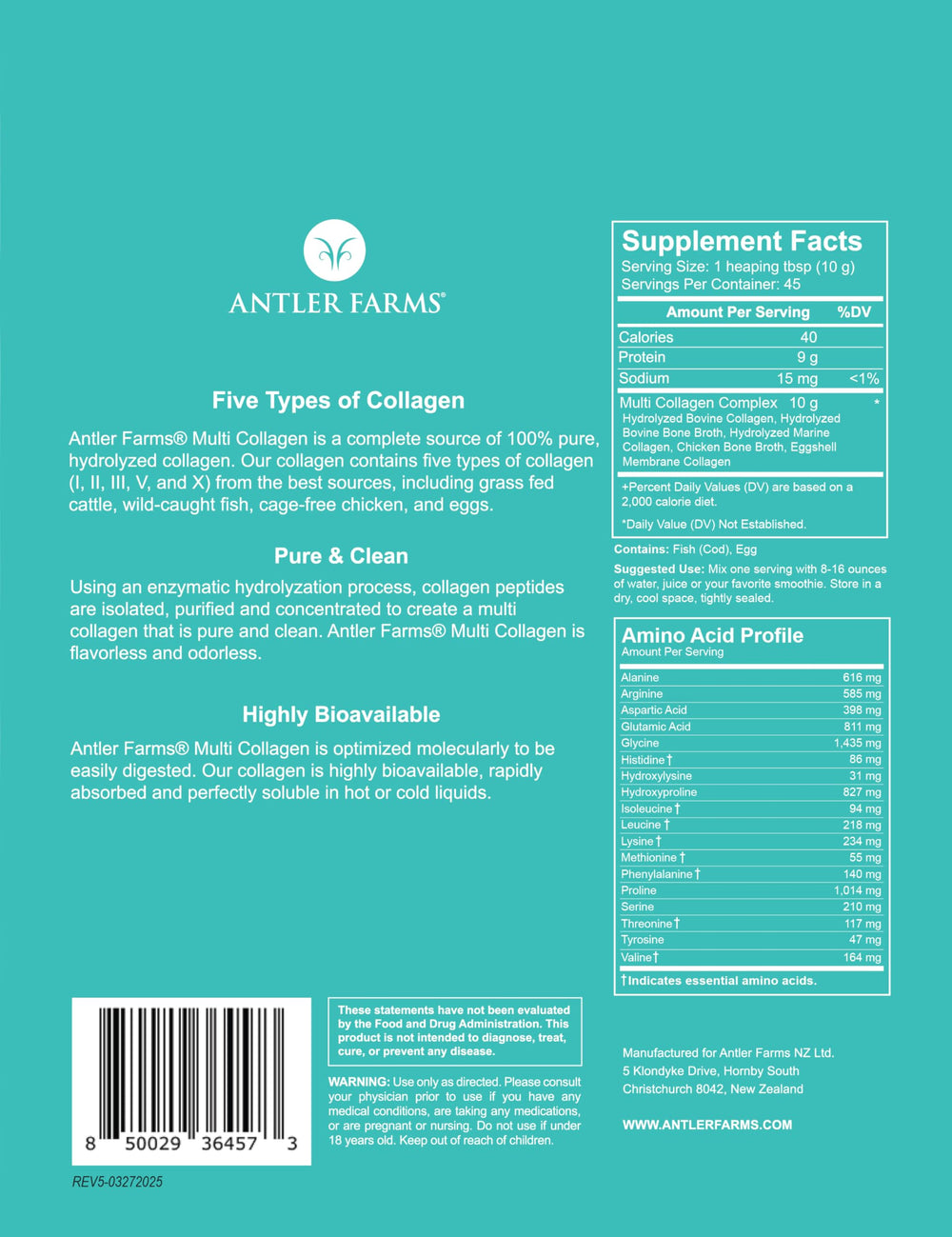 Antler Farms Multi Collagen Powder bottle back label listing five collagen types for balanced support.