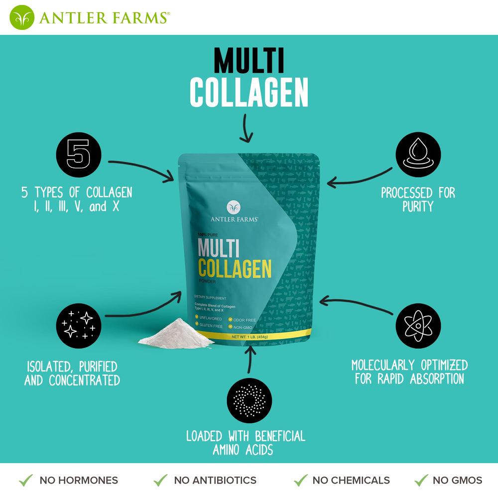 Antler Farms Multi Collagen Powder packaging, ready to add to smoothies.