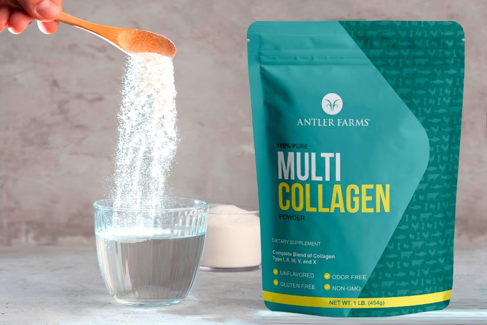 Antler Farms Multi Collagen Powder unflavored scoop, easy mixing into drinks.