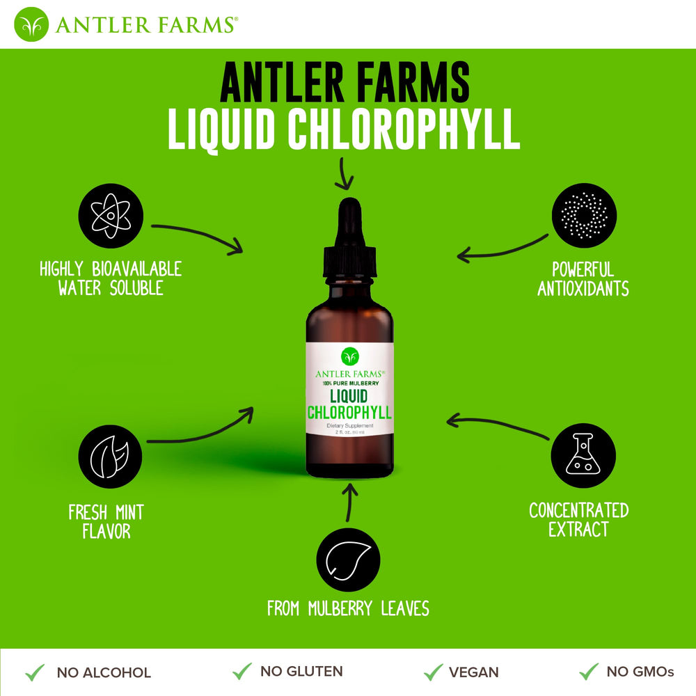 Antler Farms packaged 2oz chlorophyll bottle ready for daily use