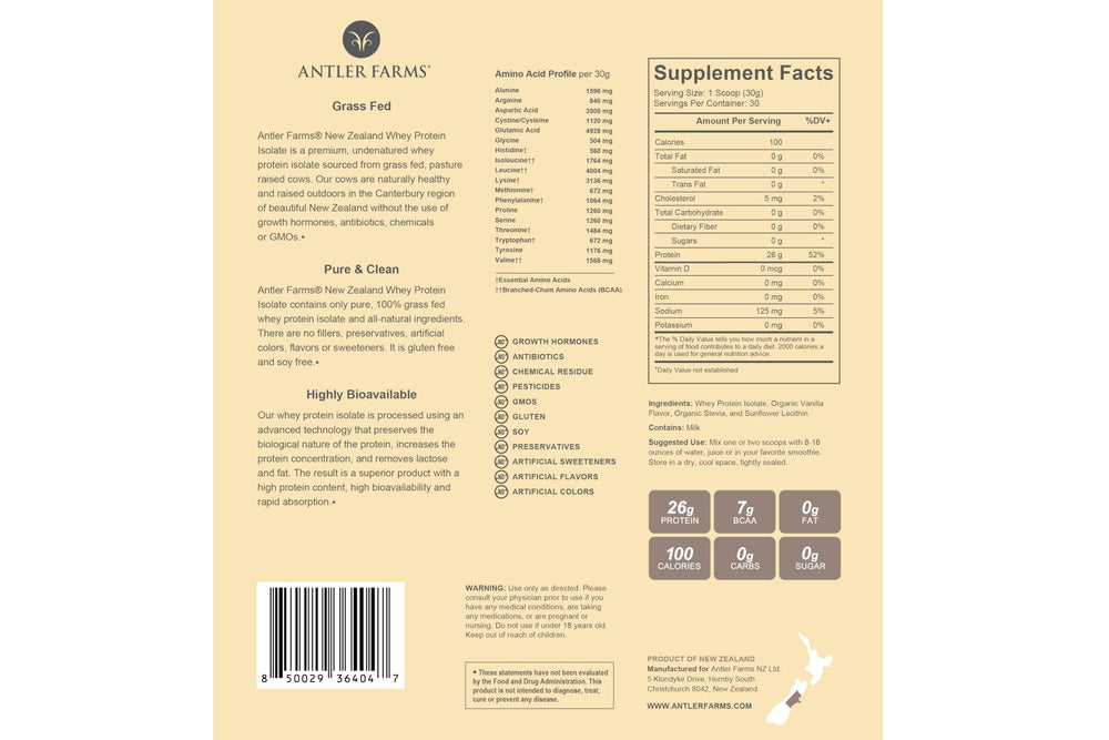 Antler Farms vanilla whey isolate scoop for quick post-workout fueling.