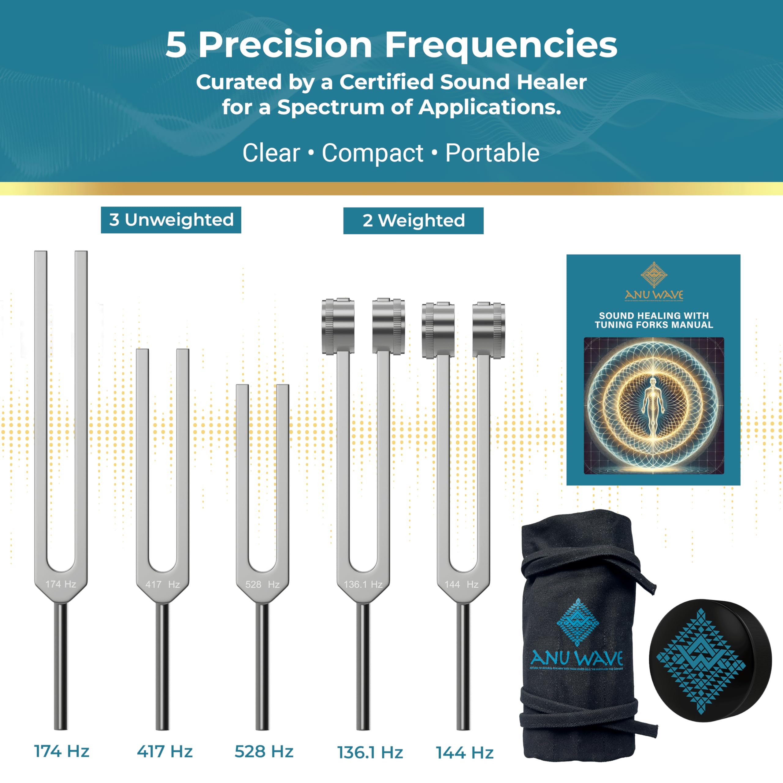 ANU WAVE tuning forks 417Hz setup for focused mindfulness sessions.